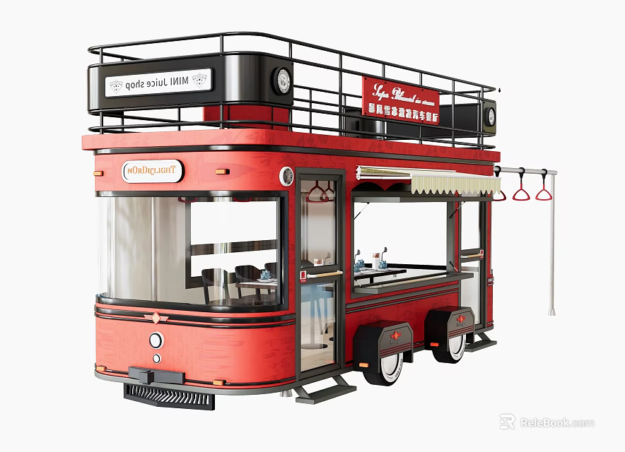 Red Double Decker Bus Style Functional Vehicle With Mobile Cafe And Open Window 3d model 