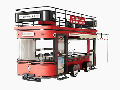 Red Double Decker Bus Style Functional Vehicle With Mobile Cafe And Open Window 3d model