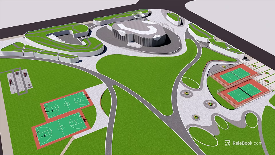 Recreational Park Design With Sports Courts Green Lawns Curved Pathways And Circular Plaza 3d model 
