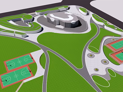 Recreational Park Design With Sports Courts Green Lawns Curved Pathways And Circular Plaza 3d model