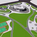 Recreational Park Design With Sports Courts Green Lawns Curved Pathways And Circular Plaza