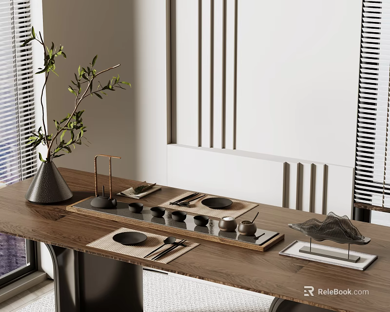 Modern Tea Set On Wooden Table With Olive Branch Vase And Striped Wall Decor 3d model 