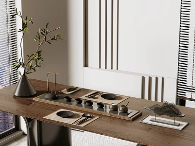 Modern Tea Set On Wooden Table With Olive Branch Vase And Striped Wall Decor 3d model