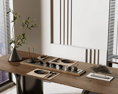 Modern Tea Set On Wooden Table With Olive Branch Vase And Striped Wall Decor 3d model