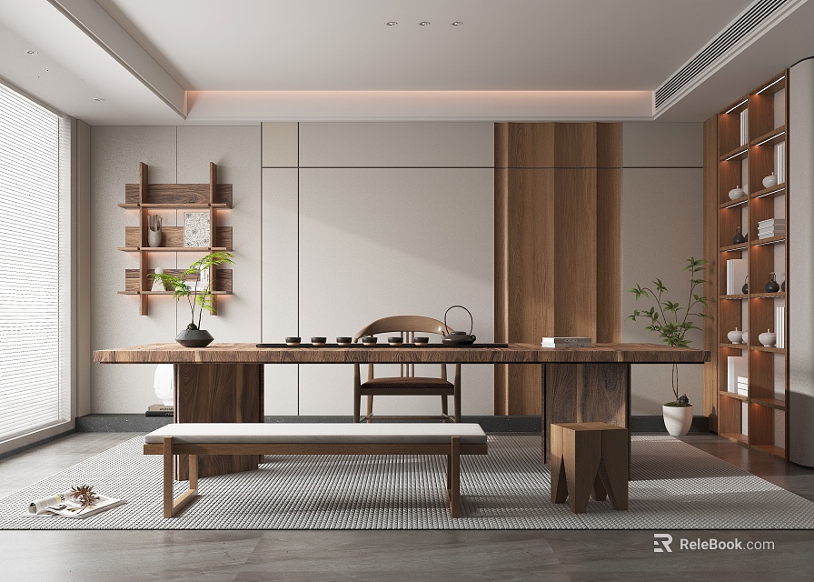 Modern Tea Room Interior With Long Wooden Table Chair Bench Wooden Shelves And Green Plants 3d model 