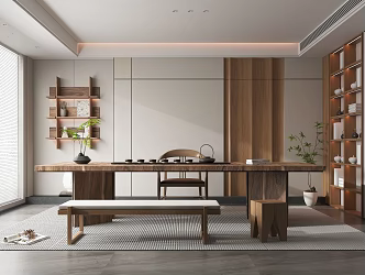 Modern Tea Room Tea Table and Chair Display Cabinet Tea Cabinet Green Plant Chandelier Carpet Tea Set 3d model