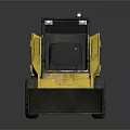 Yellow Skid Steer Loader with Black Cab Bucket Large Tires and Reflection on Black Background