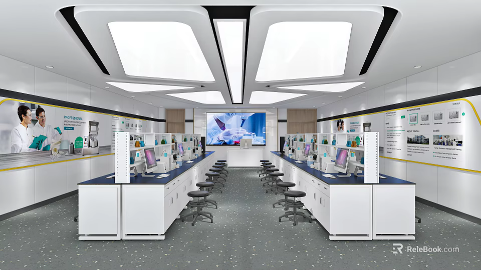 Modern Laboratory Interior With Workstations Computers Stools And Overhead Lighting 3d model 