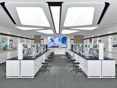 Modern Laboratory Interior With Workstations Computers Stools And Overhead Lighting 3d model