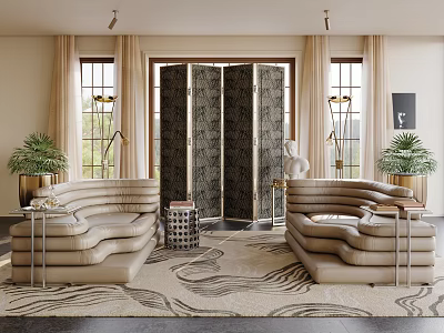 Stylish Modern Living Room Interior With Beige Curved Sofas Patterned Screen Wavy Rug And Greenery 3d model