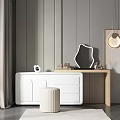 Modern White Dressing Table With Round Stool And Irregular Mirror On Gray Striped Wall 3d model