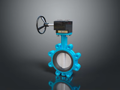 Blue Butterfly Valve With Manual Handle Actuator And Flange Components 3d model