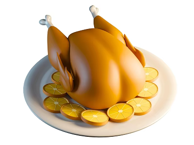 Tableware Set With Roast Chicken On White Plate And Lemon Slices 3d model