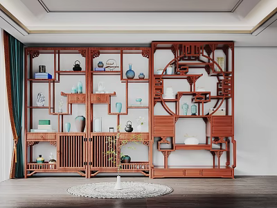 Traditional Chinese Wooden Display Shelf Featuring Openwork Design Decorative Vases And Tea Sets 3d model