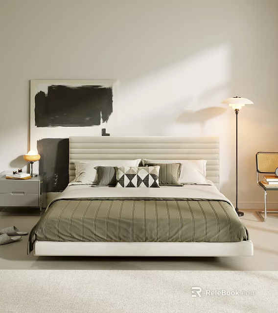 Modern Minimalist Double Bed With Beige Headboard Gray Striped Bedspread And Geometric Pillows 3d model 