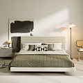 Modern Minimalist Double Bed With Beige Headboard Gray Striped Bedspread And Geometric Pillows