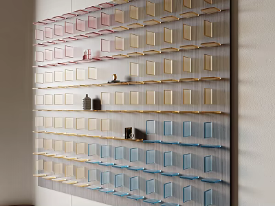 Modern Wall Mounted Shelving Unit With Colorful Layered Compartments For Storage And Display In Room 3d model