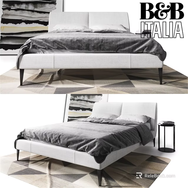 Modern White Upholstered Double Bed With Gray Bedding And Geometric Rug 3d model 