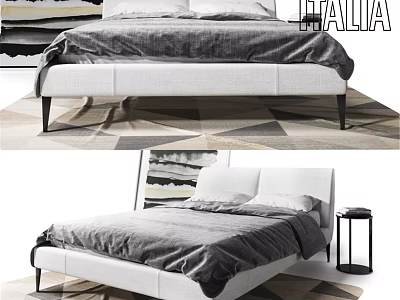 Modern White Upholstered Double Bed With Gray Bedding And Geometric Rug 3d model
