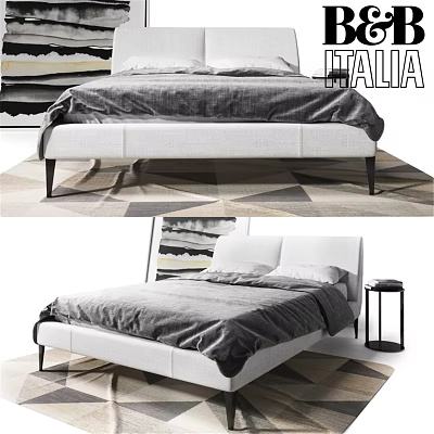 Modern White Upholstered Double Bed With Gray Bedding And Geometric Rug 3d model