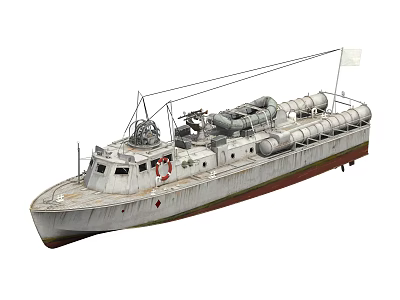 Vintage Warship Model With Cylindrical Structures Deck Equipment Lifebuoy And Flag 3d model