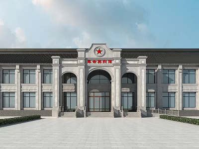 Red Star Military Museum Building Gray Exterior With Arched Doorways And Front Square 3d model