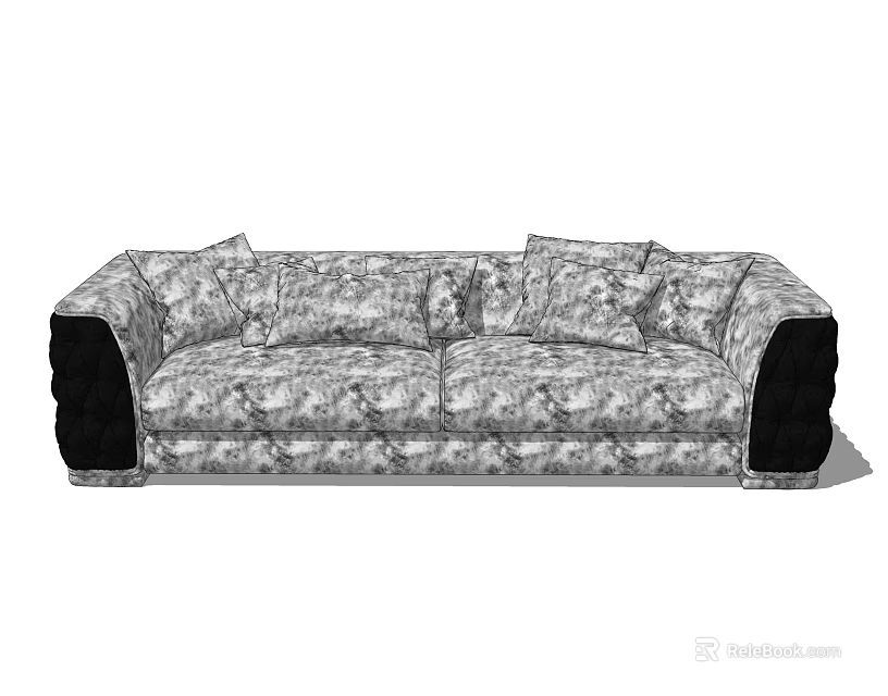 Stylish Two Seater Sofa With Patterned Fabric Black Armrests And Pillows 3d model 