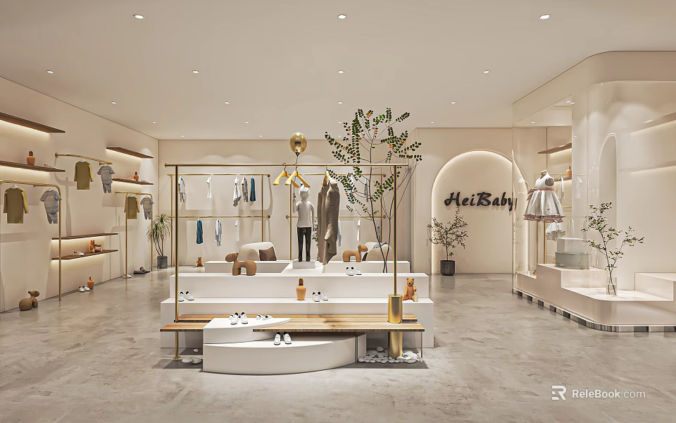 Elegant Modern Hot Baby Clothing Store With Display Racks Sofa Seating And Green Plants 3d model 