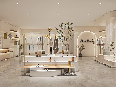 Elegant Modern Hot Baby Clothing Store With Display Racks Sofa Seating And Green Plants 3d model