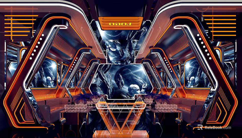 Futuristic Modern KTV Interior With Neon Lights Large Screens And Comfortable Seating 3d model 