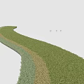 Lush Curved Green Shrubbery With Yellow Path Against Gray Background And Distant Small Plants