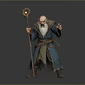 Old Wizard With Glowing Staff And Long Beard In Blue Robe Standing Pose