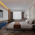 Modern Hotel Guest Room Interior With Double Bed Flat Screen TV Desk And Chair