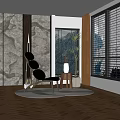 Modern Interior Decorative Ornament Set With Stone Wall Window Chair Side Table Plant And Rug