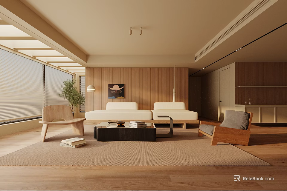 Modern Living Room Interior With Wooden Walls Sofa Coffee Table Chairs And Green Plant 3d model 