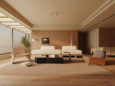 Modern Living Room Interior With Wooden Walls Sofa Coffee Table Chairs And Green Plant 3d model