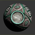 Hand Carved Ceramic Vase With Green Red Decorations Geometric Patterns Grape Motifs And Two Handles