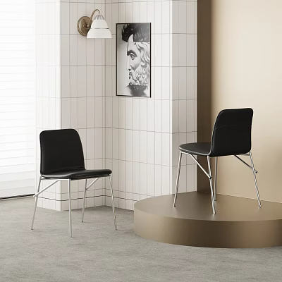 Black Leather Dining Chairs with White Tiled Wall and Black White Art on Gold Stand 3d model
