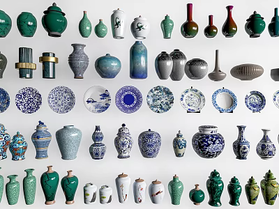 Decorative Ceramic Vessels Collection Featuring Vases Bowls Jars And Colorful Intricate Patterns 3d model