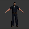 Man in Dark Blue Outfit With Brown Belt And Arms Outstretched Against Dark Background