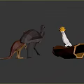 Yellow Hat Character on Orange Platform with Red Kangaroo and Gray Bird Creatures 3d model