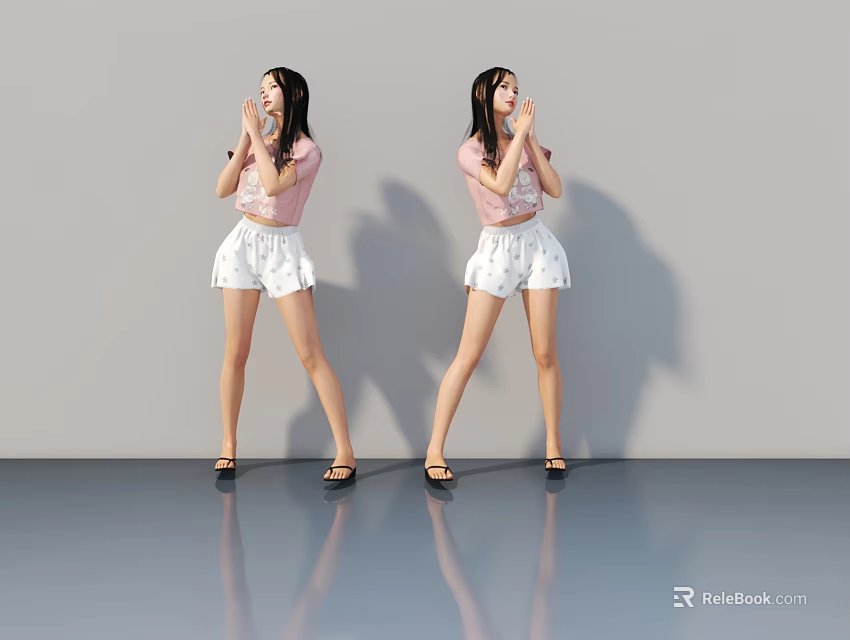 Women in Pink Tops White Shorts Standing with Hands Near Face Gray Background Reflective Floor 3d model 