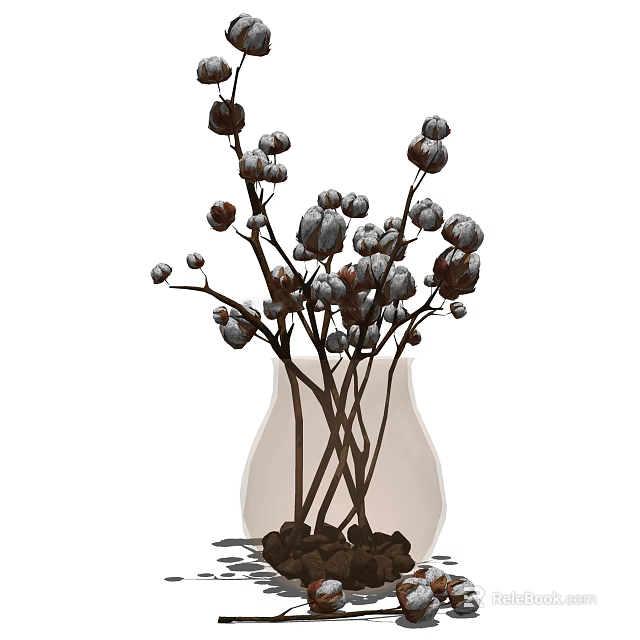 Elegant Transparent Vase With Cotton Flowers And Pebbles For Home Decor 3d model 