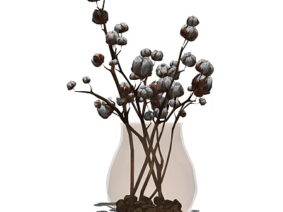 Elegant Transparent Vase With Cotton Flowers And Pebbles For Home Decor 3d model