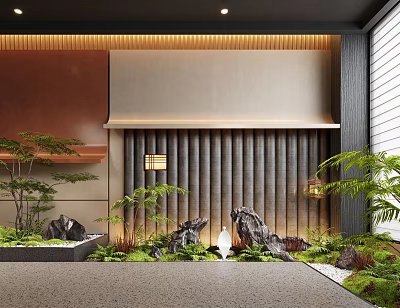 Serene Indoor Landscape Design With Wooden Wall Stone Decor Plants Water Feature And Lantern 3d model