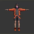 Game and Movie Character in Orange Hooded Jacket with Purple Mask and Arms Outstretched