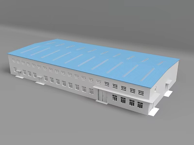 Modern Industrial Factory Building With Blue Roof White Wall And Multiple Windows Structure 3d model