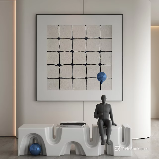 Gray Sculpture Sitting on White Stool in Minimalist Interior with Grid Painting and Blue Sphere 3d model 
