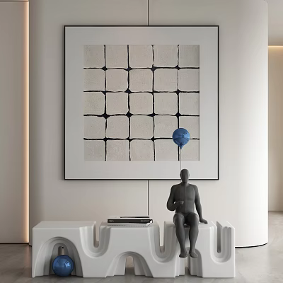 Gray Sculpture Sitting on White Stool in Minimalist Interior with Grid Painting and Blue Sphere 3d model