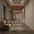 Hotel Corridor Interior With Wooden Ceiling Rattan Chairs Decorative Paintings And Recessed Lighting